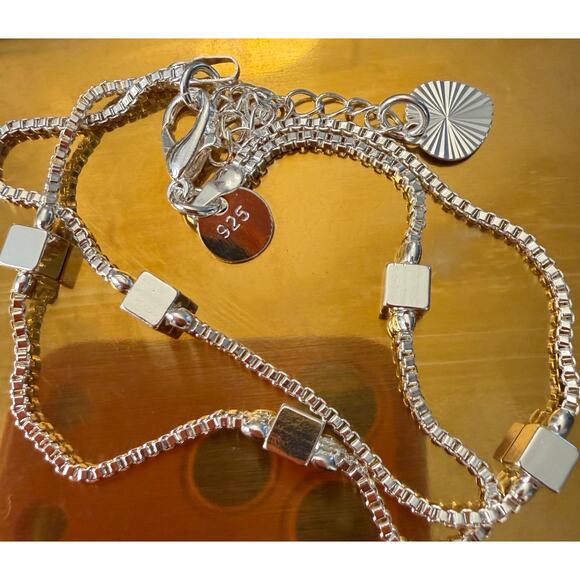 Women’s 925 Sterling Silver Double Snake Chain Bracelet w/ Cube Beads & Heart - Picture 5 of 5